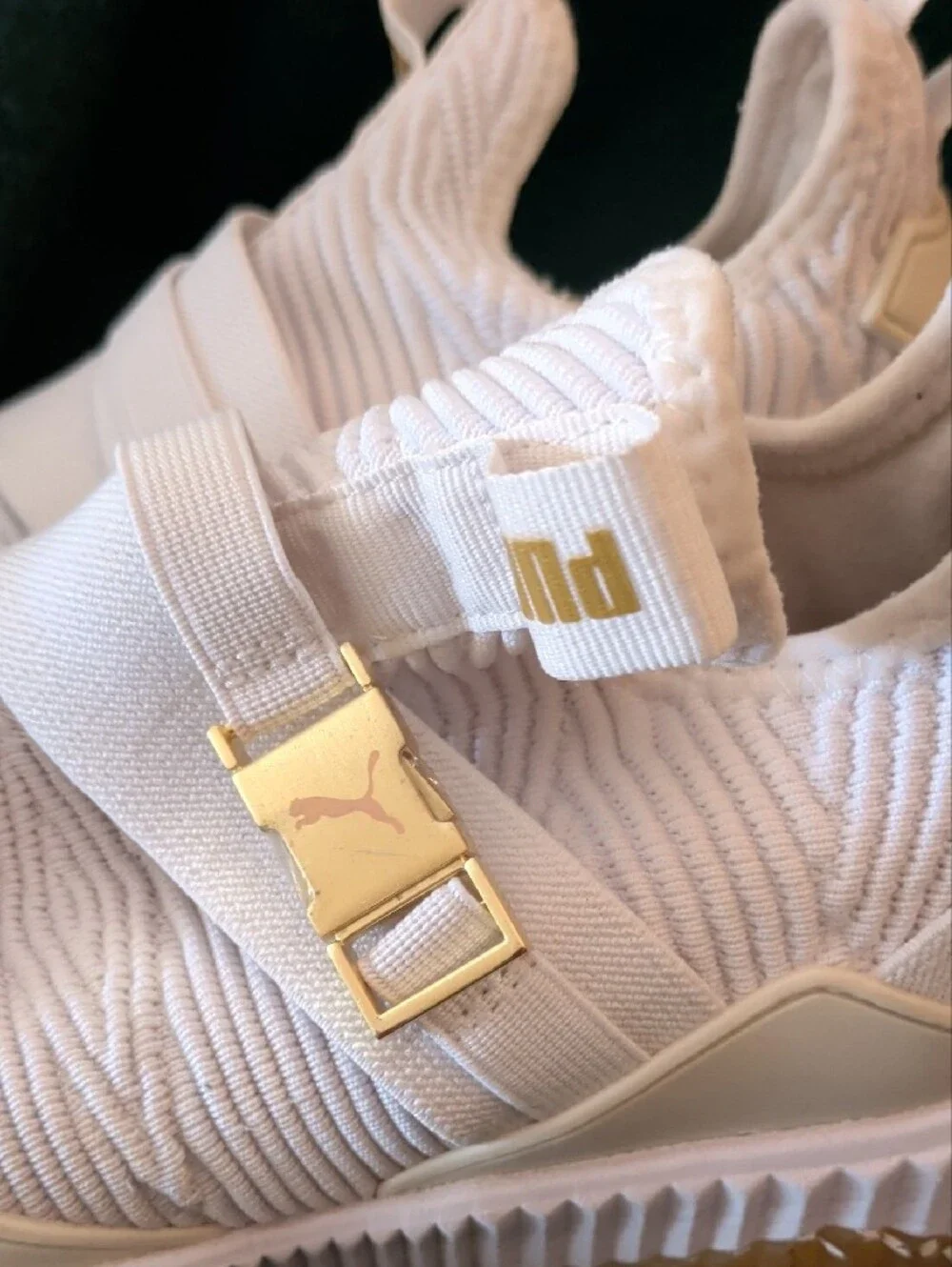 Puma Women's White Knit Strap Sneakers with Gold Accents
